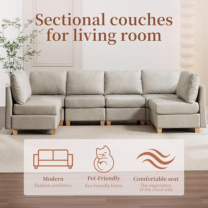 Modular Sectional Sofa,Modern U Shaped Sectional Couches for Living Room,6 Seat PU Leather Deep Seat Sectional Cloud Couch with Storage,Beige