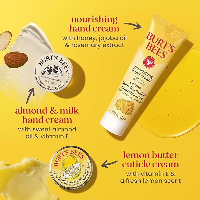 Burt's Bees Christmas Gifts - Tips and Toes Kit, 6 Travel Size Products for Stocking Stuffers - Pomegranate Moisturizing Lip Balm, 2 Hand Creams, Foot Cream, Cuticle Cream, and Hand Salve