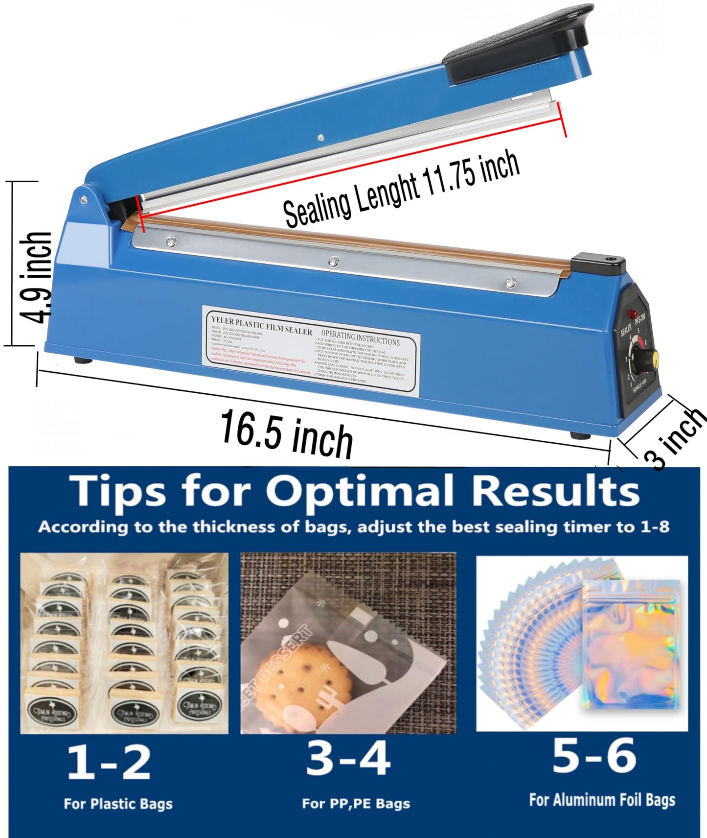 12 Inch Impulse Heat Sealer Yeler Impulse Bag Sealer Manual Poly Bag Heat Sealer Machine for Plastic Bags PE PP Bags Extra Replace Element Grip(Blue)