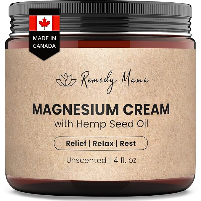 Magnesium Cream for Sleep, Cramps & Muscle Soreness – with Hemp Seed Oil, Jojoba, Shea & Mango Butter – Natural, Skin-Friendly & Safe for Kids – Unscented – 4oz Glass Jar – Made in Canada