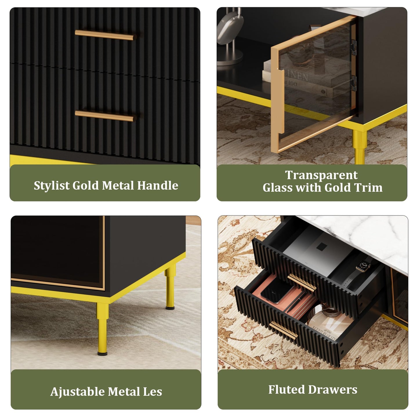 GAOMON Coffee Table for Living Room, Faux Marble Coffee Table with 4 Drawers and Glass Doors Storage, Modern Aesthetic Fluted Panel Design,Black & Gold
