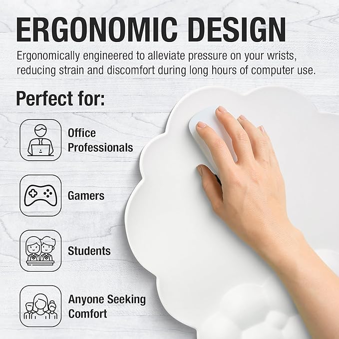 Premium Quality Cloud Wrist Rest Keyboard & Mouse Pad Set – Ergonomic Memory Foam Desk Accessories with Wrist Support for Office & Gaming – White Lether