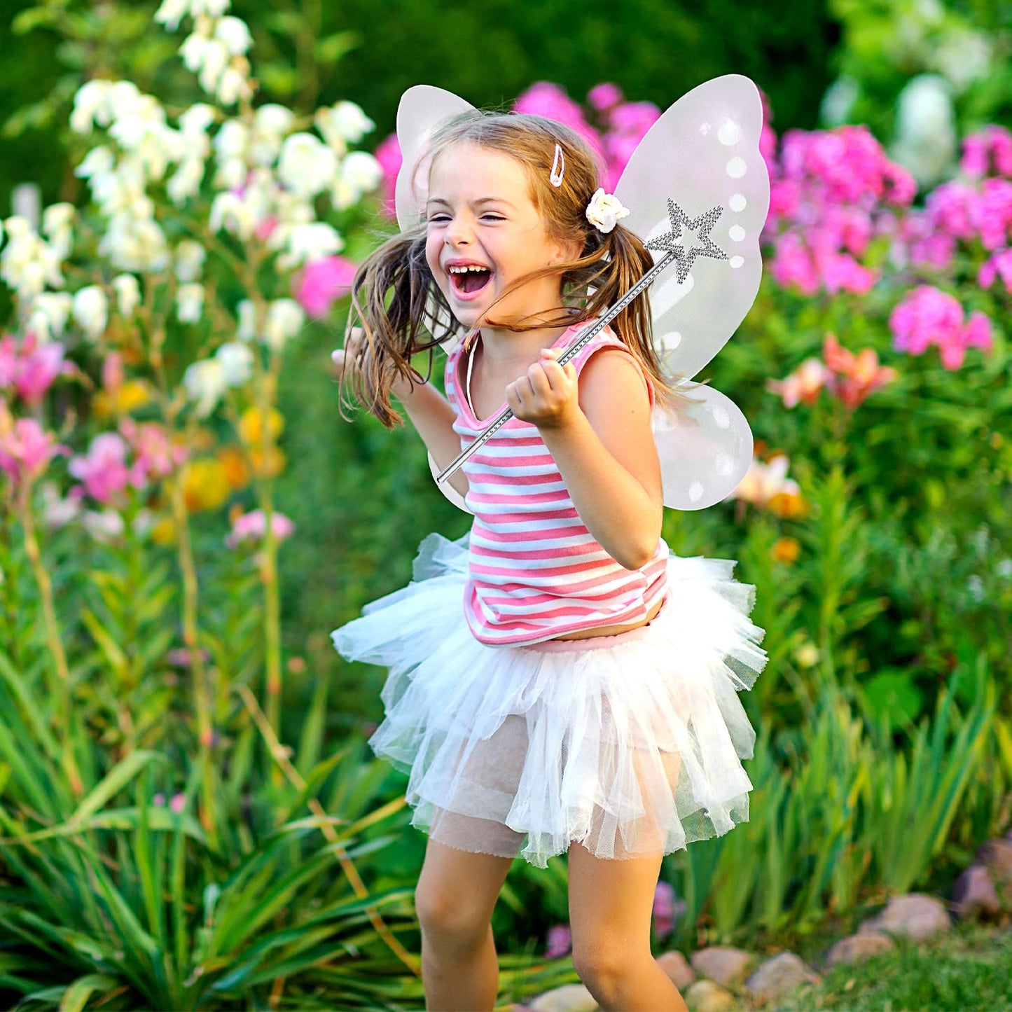 Sratte Fairy Princess Butterfly Wings Girls Kids Butterfly Costumes Set Star Wands Adults Christmas Birthday Party(White, Silver)