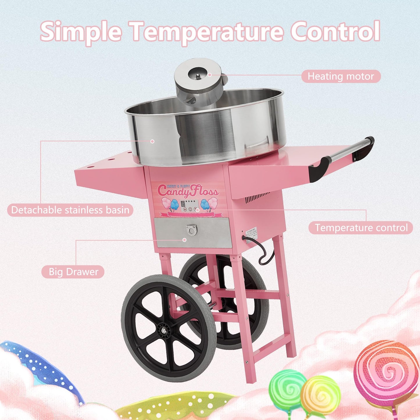Electric Cotton Candy Maker Commercial With Cart, Cotton Candy Machine for Kids with 20 inch Stainless Steel Bowl for Family, Party, Amusement Park, Carnival- Pink