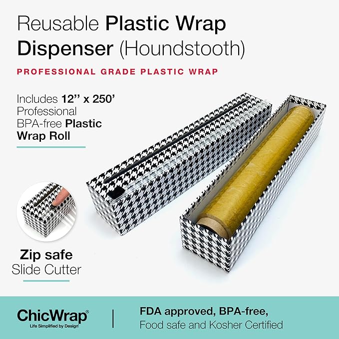 Chicwrap Houndstooth Refillable Plastic Wrap Dispenser - One 12" x 250' Roll of Professional Grade Plastic Wrap - BPA Free and Kosher Certified - Reusable Dispenser w/Slide Cutter
