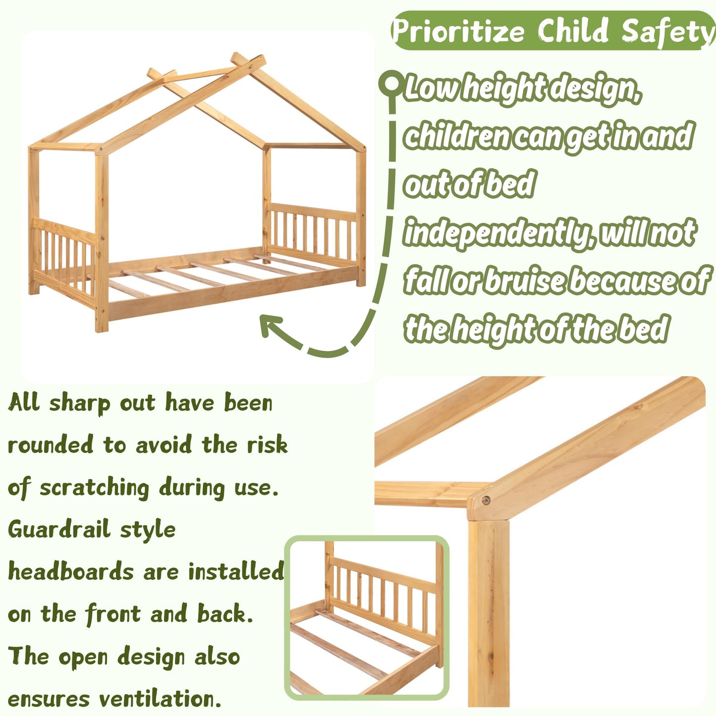Bellemave Floor House Beds Wood Montessori Bed Frame Twin Size Platform Bed with Headboard & Footboard for Kids Boys Girls Teens, Natural