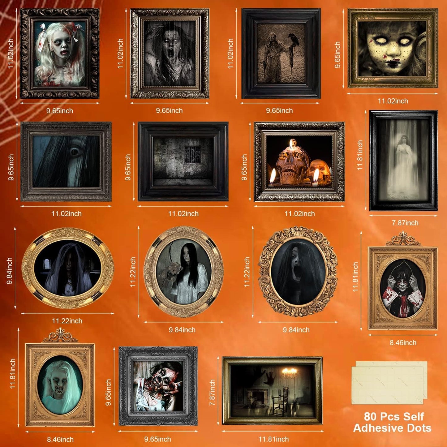 Benjia 15 Halloween Gothic Mansion Haunted Horror Picture Frames, Waterproof Durable, with 80pcs Self Adhesive Dots, Creepy Photo Decorations For Haunted Home Family Castle Masquerade Party