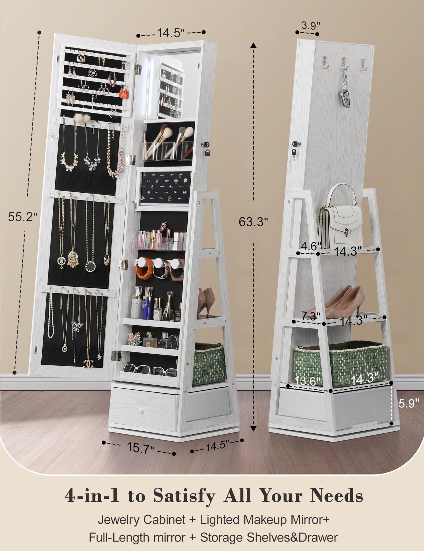 Nicetree 360° Swivel Jewelry Cabinet with Lights, Touch Screen Vanity Mirror, Rotatable Full Length Mirror with Jewelry Storage, Standing Jewelry Armoire Organizer, Foldable Makeup Shelf, Pure White