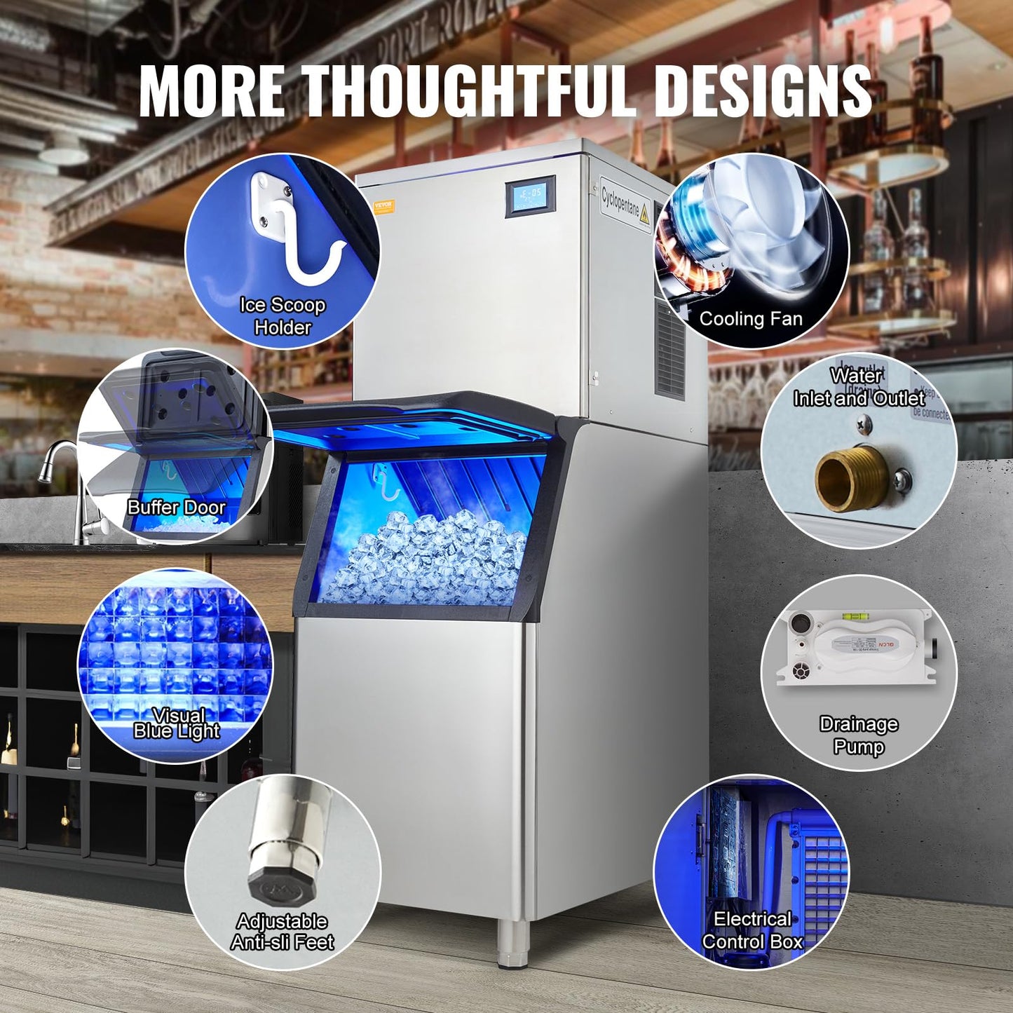 VEVOR Commercial Ice Maker, 400LBS/24H Ice Making Machine with 330.7LBS Large Storage Bin, 800W Auto Self-Cleaning Ice Maker Machine with 3.5-inch LED Screen for Business Bar Tested to UL Standards