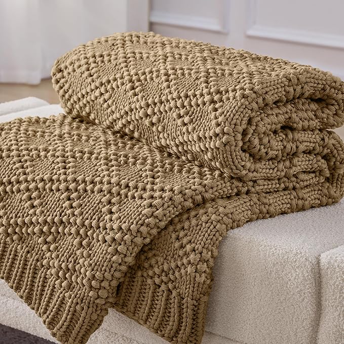 Knitted Weighted Blanket for Adult, Chunky Knit Weighted Throw for Sleep 60"*80" 12lbs, Cooling Breathable Machine Washable Fall Heavy Blanket for Room Decor (Beige, Queen)