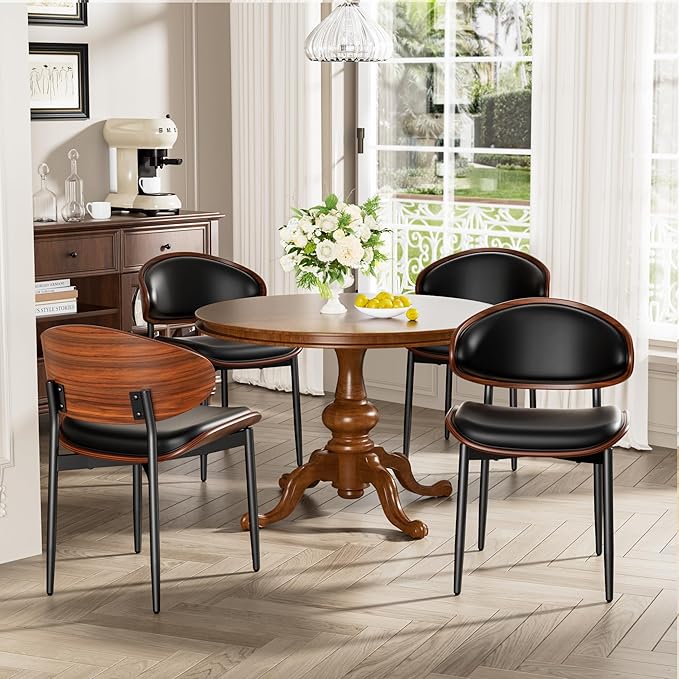 YaFiti Dining Chairs Set of 8, Dining Room and Kitchen Chairs, Mid Century Modern Retro Chair, Upholstered PU Leather Chairs for Vanity with Walnut Bentwood and Metal Legs (Black)