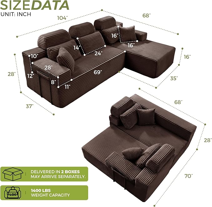 ZQRhome 104" L Shaped Boneless Couch Sectional Sofa with Chaise & Headrest, Boneless Deep Seat Plush Corduroy Couches for Living Room, No Assembly Required (Brown, 104" L-shapred Chaise)