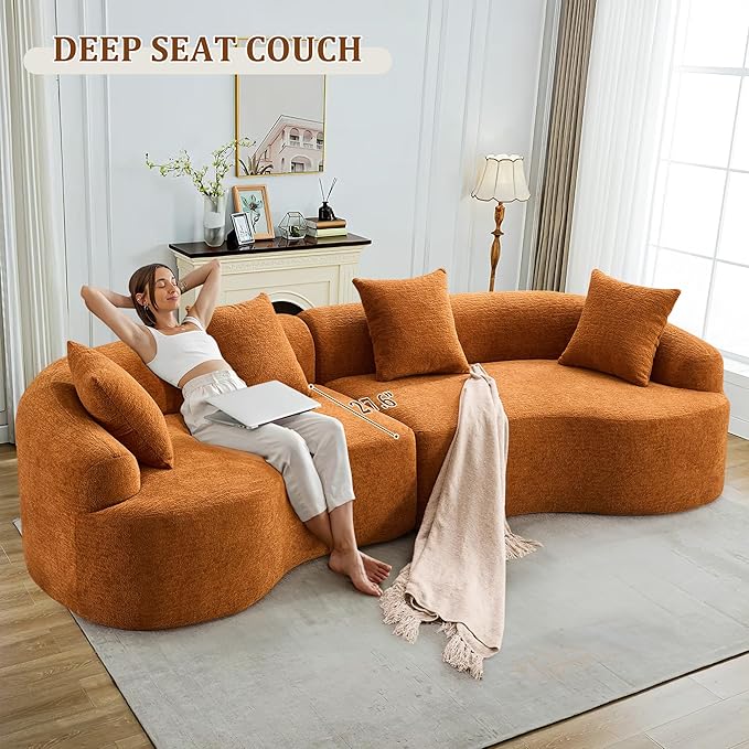 110" Oversized Modern Curved Cloud Sectional Sofa, Luxury Plush Chenille 4-Seater Deep Wide Seat Couch with 4 Pillows, No Assembly Needed Apartment Living Room Furniture, Beige