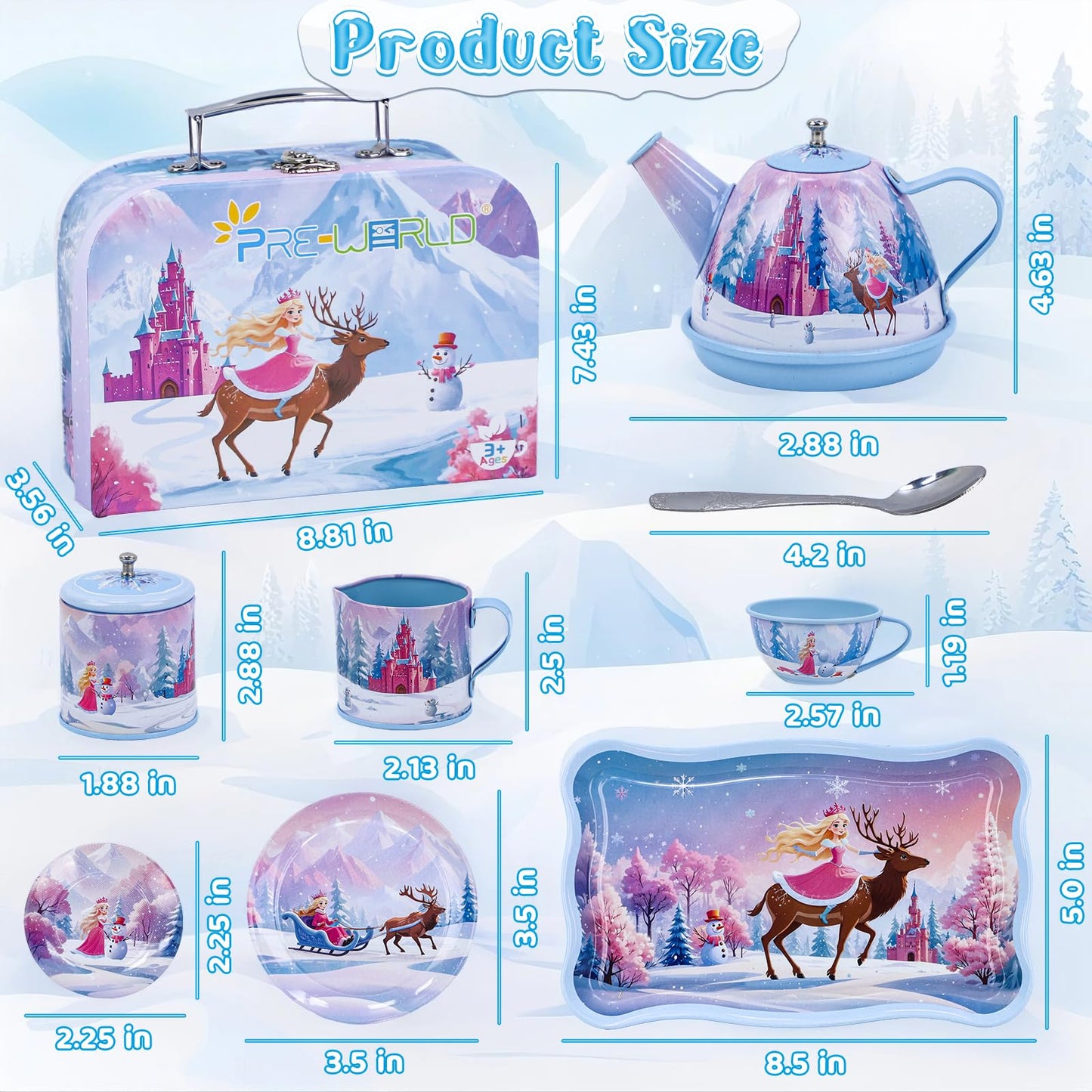 Tea Party Sets for Toddlers 3-5,PRE-WORLD Princess Tea Time Toy with Tray, Teapot, Tea Cups, Cream Pitcher, Sugar Bowl, Coasters, Plates，Kids Kitchen Pretend Play for Girls Boys Age 3 4 5 6