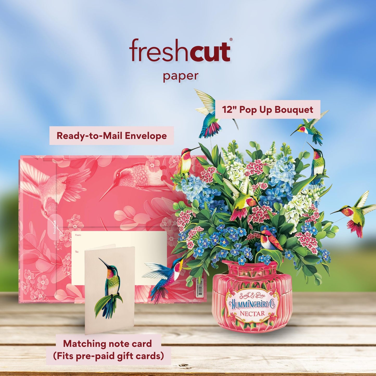 Freshcut Paper Pop Up Cards, Hummingbird Oasis, 12 Inch Life Sized Forever Flower Bouquet 3D Popup Greeting Card, Birthday Cards, Thank You Card, Blank Notecard & Envelope