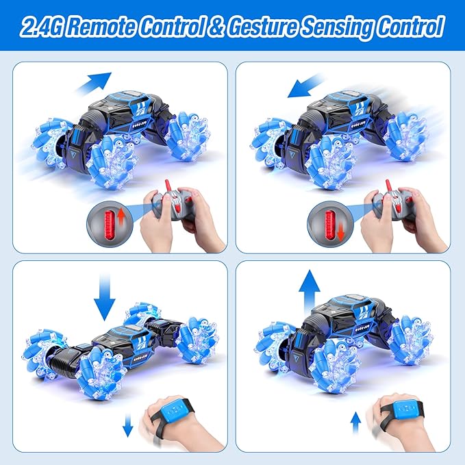Gesture RC Car, Gesture Sensing RC Stunt Car Toys with Lights & Dance for Kids 6-12 yr, 2.4GHz 4WD Hand Remote Control with Lights Music, Off-Road 360° Rotation Drift for Birthday Toy Gifts-(BLUE)