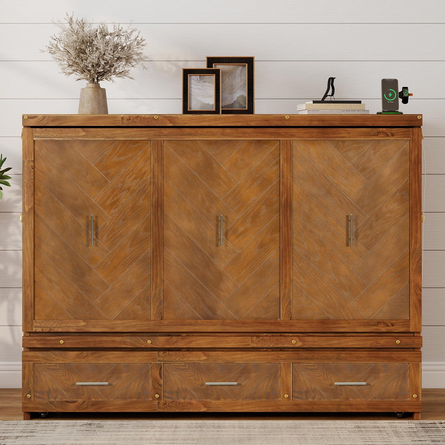 DNYN Queen Size Murphy Bed with Storage Drawer and Built-in Charging Station for Bedroom/Guest Room, Space-Saving Foldable Pine Wood Cabinet Bed with USB Ports, No Box Spring Needed