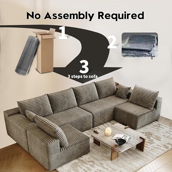 139.4" Modular Sectional Sofa, U-Shaped Minimalist Couches with 2 Middle Seats, Modern Deep Seat Convertible Sleeper Sofa Bed,Cloud Plush Corduroy Fabric, No Assembly Required, 6 Seater, Camel