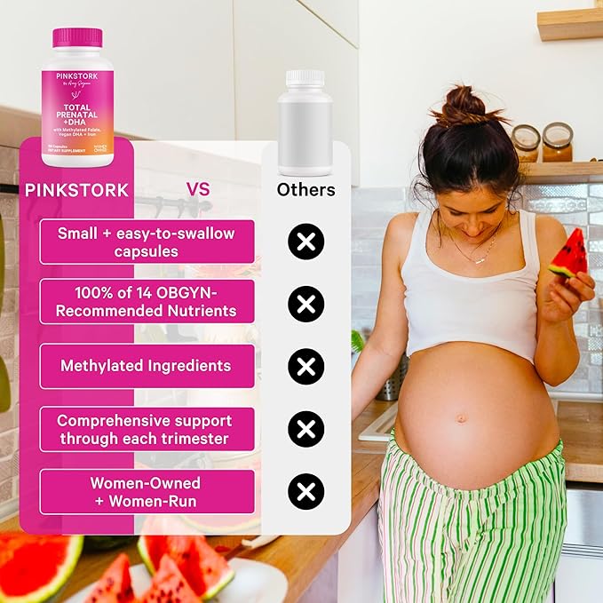 Pink Stork Total Prenatal Vitamins with DHA, Folate, and Iron, 3 Month Supply to Help Support Fetal Development, Pregnancy Must Haves - 180 Capsules