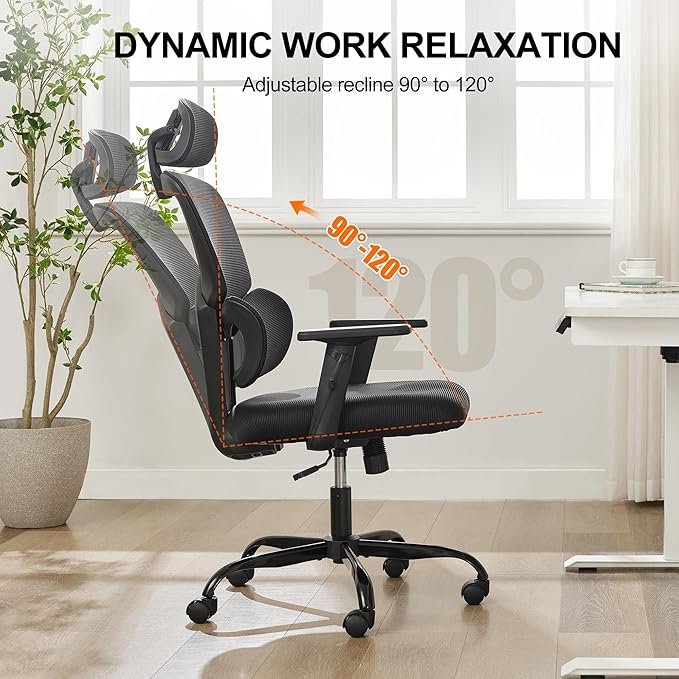 BOWTHY Ergonomic Office Chair,Home Mesh Office Desk Chairs,High Back Office Chair 330 LBS,Swivel Computer Task Chair with 2D Armrest,Lumbar Support,Adjustable Headrest,Rocking Function (Black)