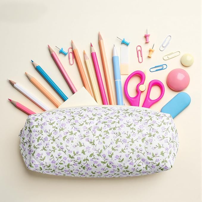 Paterr Aesthetic Floral Makeup Bag Travel Cosmetic Bag for Women Gift Christmas Portable Quilted Makeup Pouch Cotton Pencil Case Kawaii Cute Toiletry Organizer Case for Women Girls(Purple Floral)