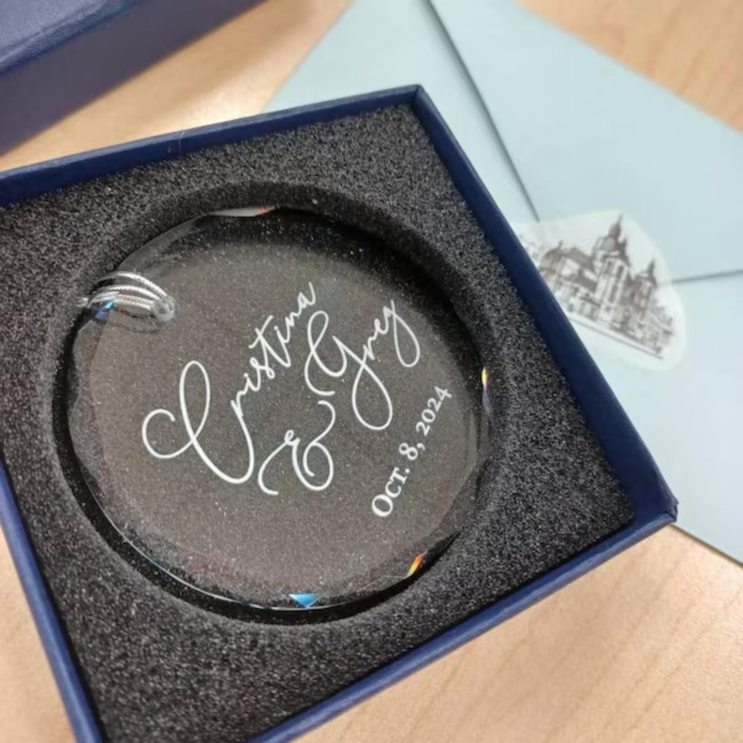 Personalized Glass Crystal Ornament - Custom Name and Date - Includes Blue Gift Box