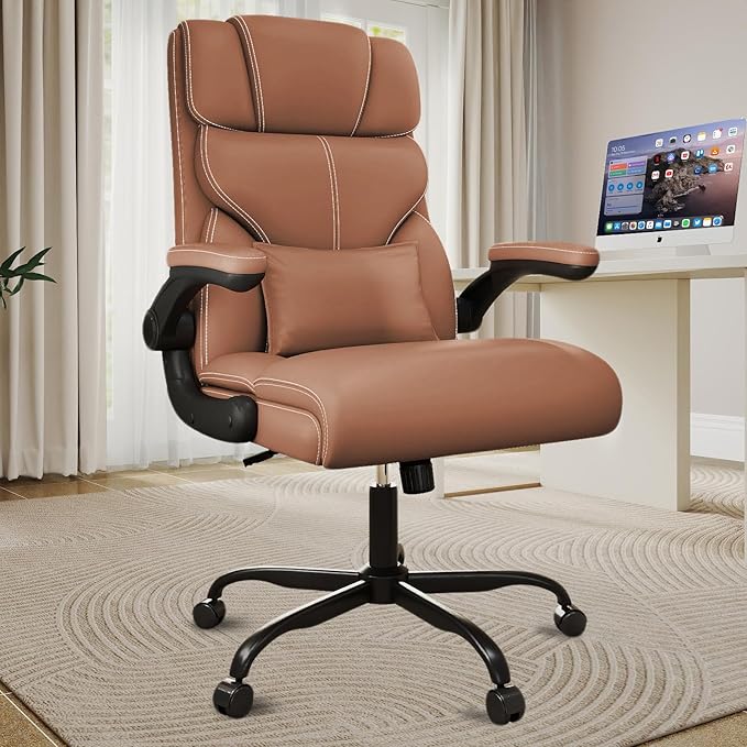 Executive Office Chair with Flip-up Armrests,Ergonomic Computer Desk Chairs,Mid-Tall Back Leather Office Chair 400 Lbs,Lumbar Support Swivel PC Chair with Rocking Function