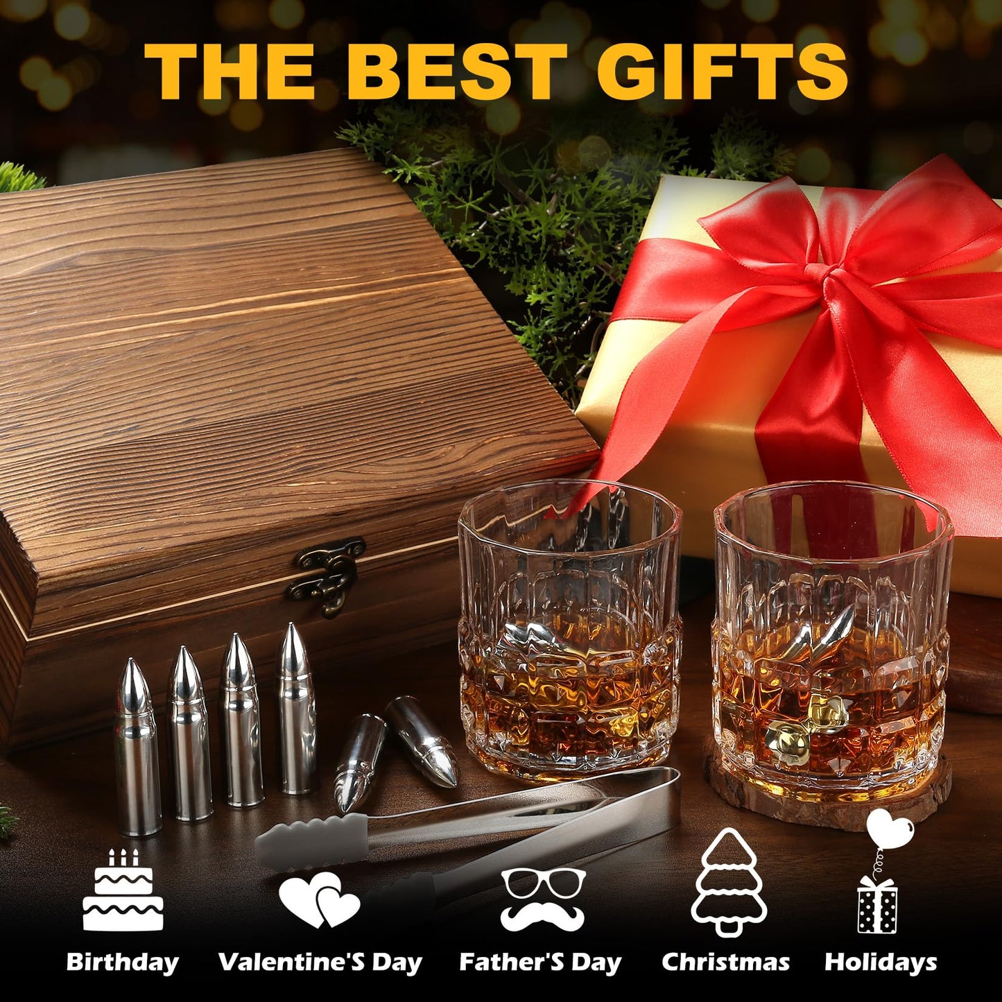 Gifts for Men Dad, Father's Day Anniversary Birthday Gifts Ideas for Him Husband Boyfriend, Stainless Steel Whiskey Stones and Whiskey Glasses Set, Unique Whiskey Bourbon Groomsman Gifts for Men Boss