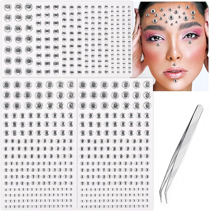 591pcs Face Gems Hair Gems Pearls, Self-Adhesive Face Jewels Eye Rhinestones 3/4/5/6/8 mm Face Gem Stick on, Halloween Makeup Gems Rave Accessories for Face Eyes Body Makeup (14.Clear)