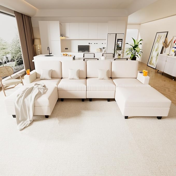 120" U Shaped Modular Sectional Sleeper Sofa, Soft Corduroy Sectional with Armrests, 2 Cup Holders & 2 USB Ports, 21" Deep Seat Cloud Couch for Living Room, Bedroom Office (White, 4 Seat + 2 Ottoman)