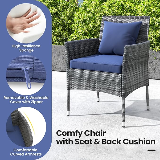 KOTEK 3 Pieces Patio Furniture Set, PE Rattan Outdoor Conversation Set with Tempered Glass Table & Soft Cushions, Wicker Bistro Set for Garden, Porch, Balcony (Navy)