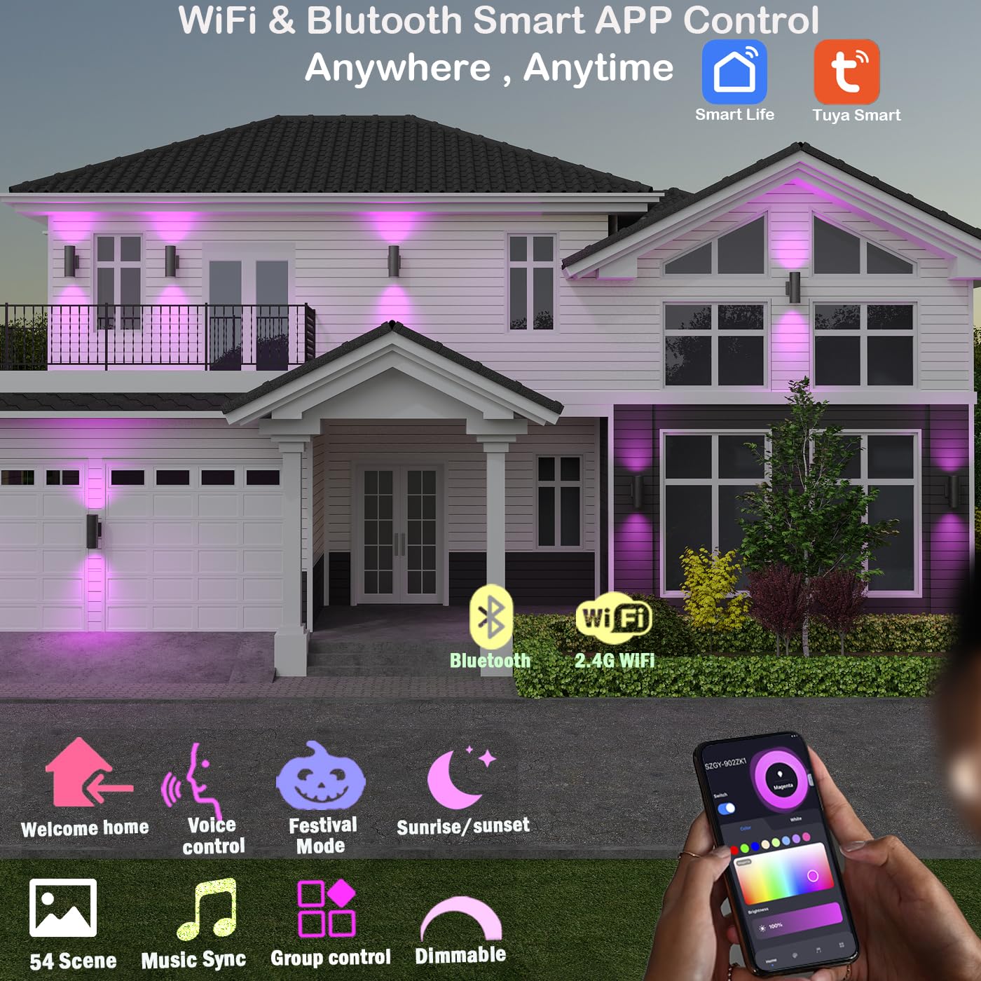 Bling RF Remote Control RGB Colour Changing Lighting LED Double Up and Down Outdoor Wall Light,White Temperature 2700k- 6500k RGB+CCT Exterior Wall Lighting (4 Pack)