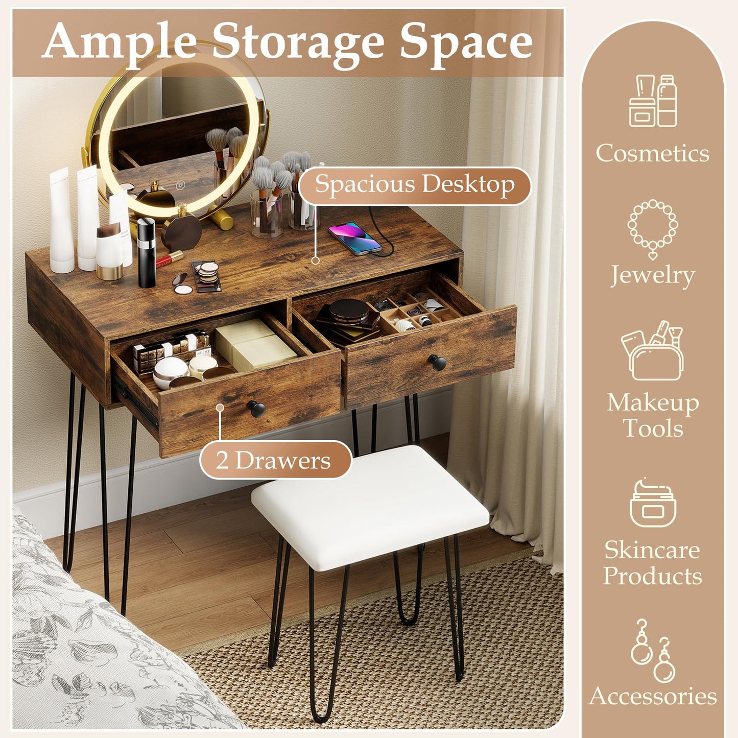 CHARMAID Vanity Desk with LED Lighted Mirror & Charging Station, 2 Drawers, 3 Color Lighting, Metal Legs, Makeup Vanity Table with Stool for Bedroom, Rustic Brown & Black