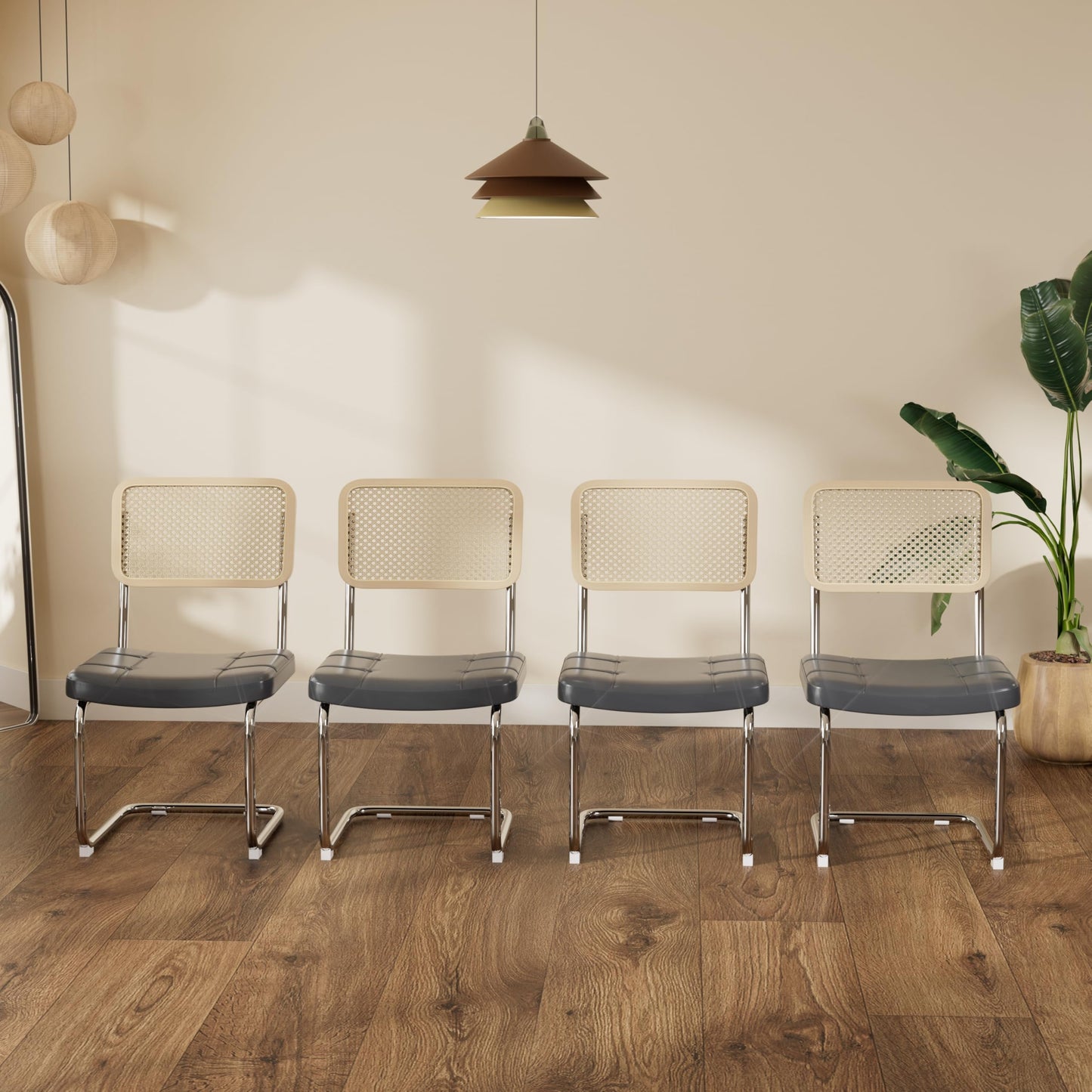 SIZOTA Modern Dining Chairs Set of 4, Upholstered Faux Leather Kitchen Chairs with Rattan Back for Dining Room, Restaurant, Kitchen, Living Room, Cafe, Gray