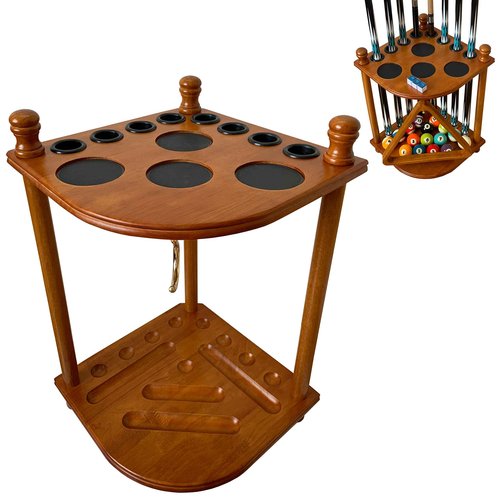 GACCO BILLIARDS Floor Pool Cue Rack Hold 8 Cue Sticks & Billiard Accessories. Corner Stand Pool Cue Holder Made of 100% Solid Hardwood. Provided Ball Rack Hook. CUE RACK ONLY (Classic Oak)