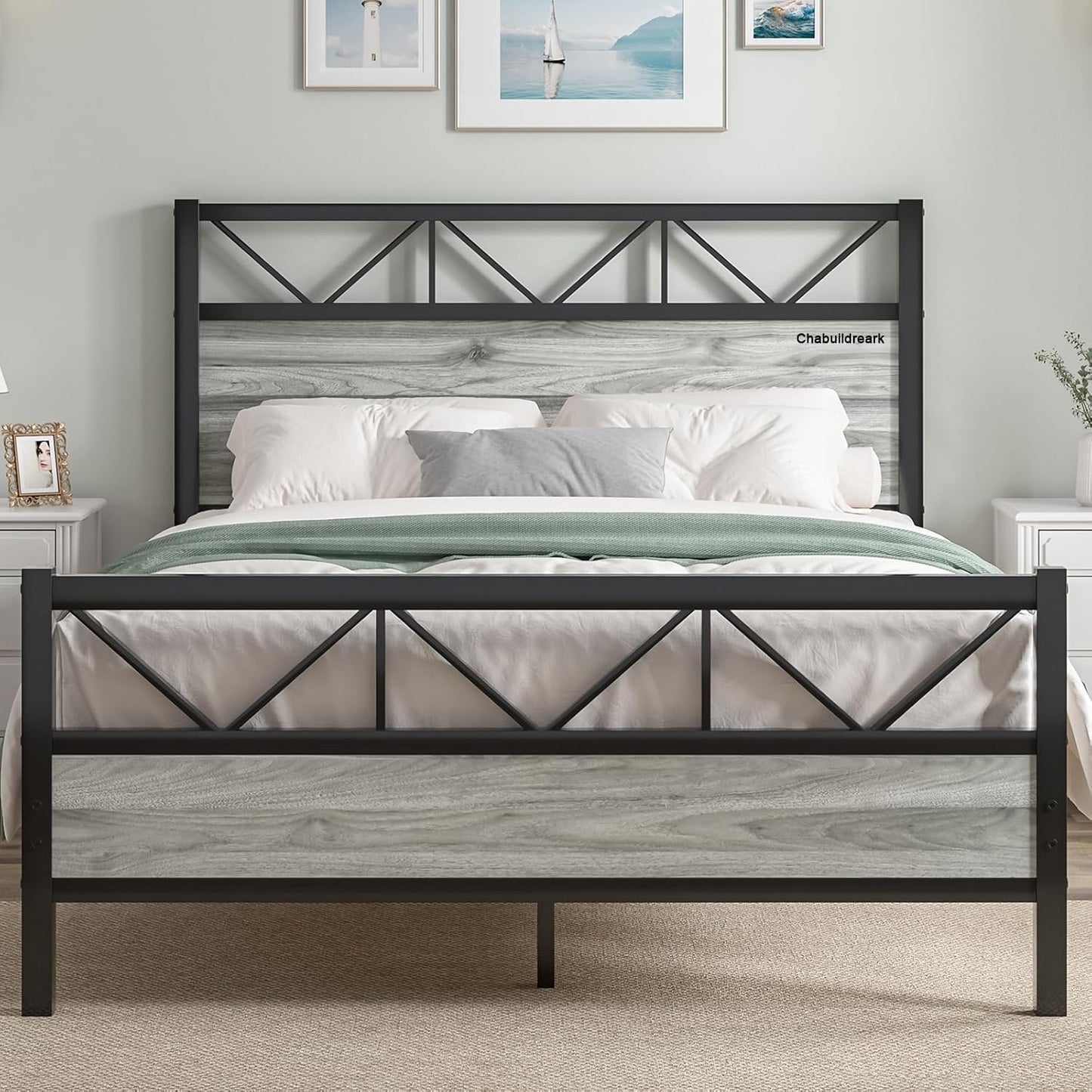 CHABUILDREARK Queen Bed Frame with Headboard, Industrial 51.2" Tall Headboard, Queen Platform Bed Frame with Heavy Duty Metal Slats Support, No Box Spring Needed, Noise-Free, Easy Assembly, Wash Grey