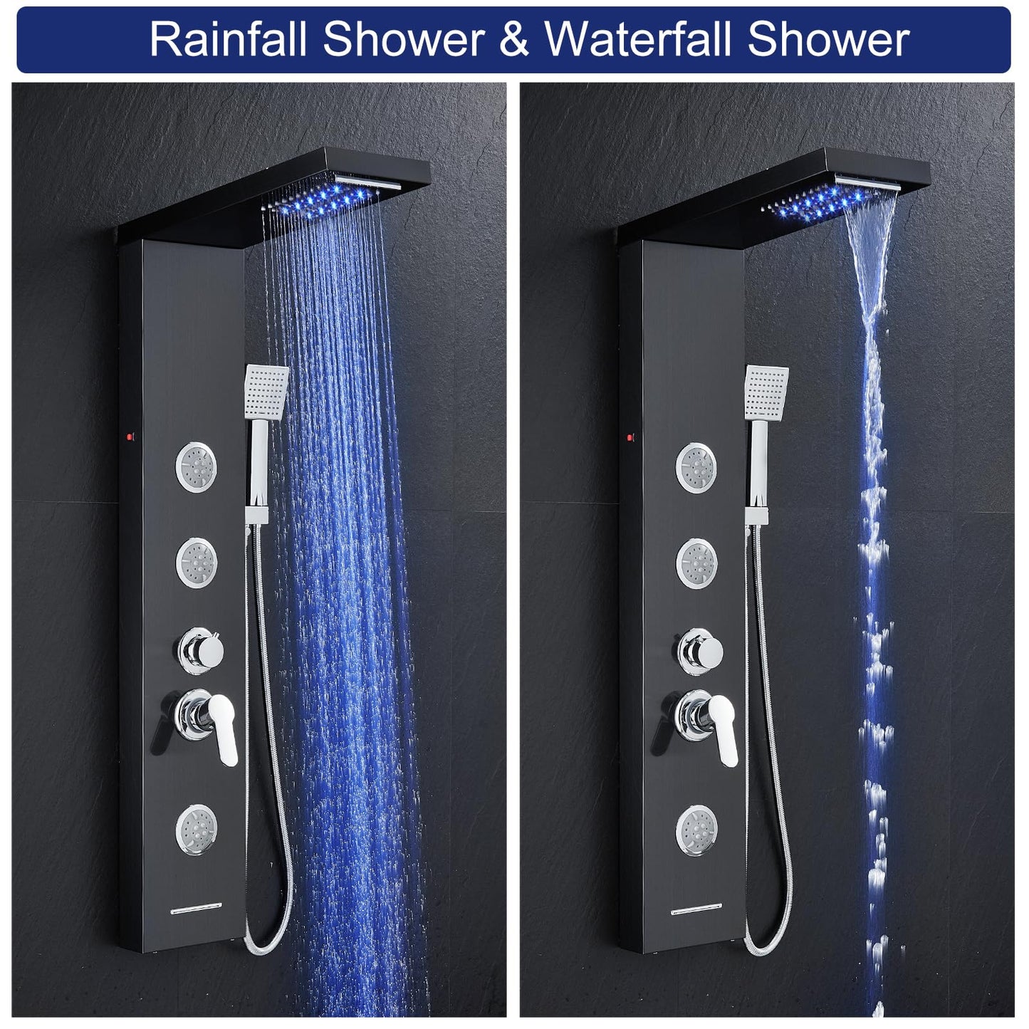 ROVATE LED Shower Panel Tower System with Rainfall Waterfall Shower, Black Shower Tower with Jets and Rainfall and Handheld, 5 in 1 Stainless Steel Shower Column High Pressure with Tub Spout