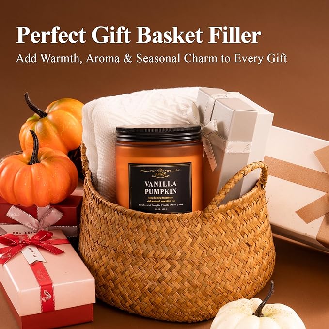 Auelife Fall Candle, Vanilla Pumpkin Scented Candles – 22oz Large 3-Wick Soy Candle, Long Lasting Autumn Aromatherapy Candles for Home Décor, Thanksgiving & Holiday Gift for Women & Men