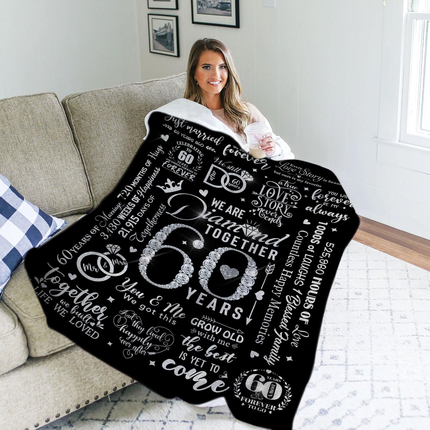 MUCHNEE 60th Anniversary Blankets for Parents Grandparents, Gift for 60th Wedding Anniversary Party, 60 Diamond Years Wedding for Dad Mom, 60 Years of Marriage Throw Blanket 60"x50"