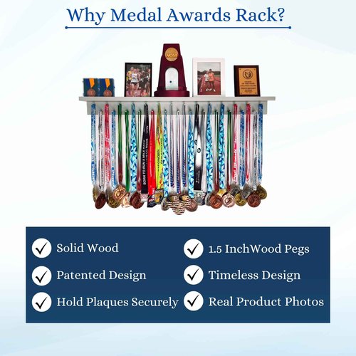 MedalAwardsRack 3ft- Ultimate Medal Hanger Display and Trophy Shelf - Multi-Sport Trophy and Medal Holder for Medal Display, Plaques, Pictures, Trophies and more. Solid Wood - Large 36" - Grey