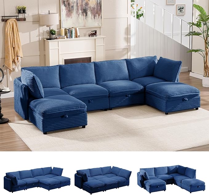 125" Oversized Modular 6 Seater Sofa with Removable Covers and Storage, Convertible U, L-Shaped and Sleeper Sectional, Modern Corduroy Couches with Ottoman Chaise for Living Room, Apartment, Blue