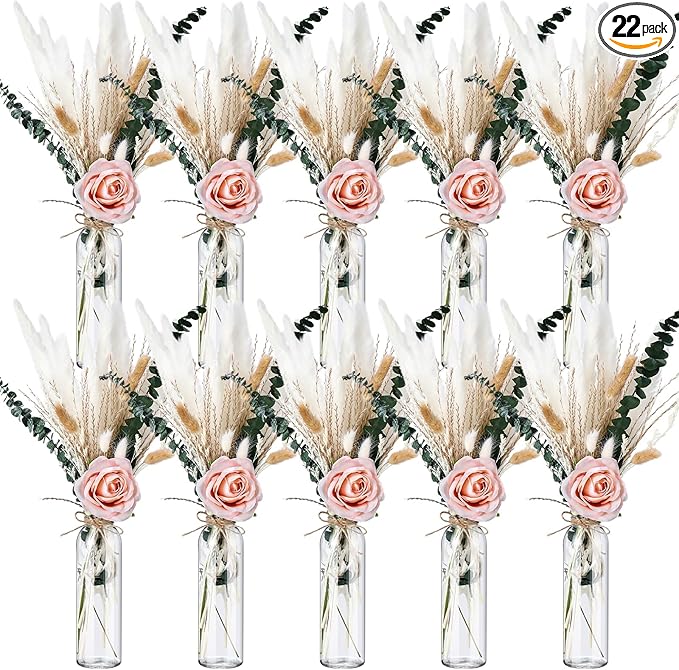 Qinyoung 10 Set Dried Pampas Grass Centerpiece for Wedding Baby Shower Party 10 Glass Flower Jars 10 Artificial Roses 80 D...