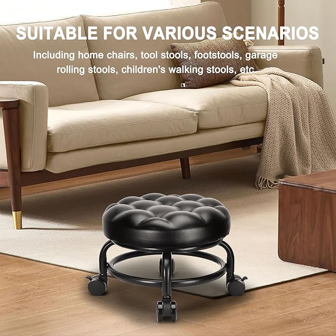 LWADALN Low Height Rolling Stool Roller Stool PU Leather Comfortable Seat 360°Swivel Rotating, Modern Rolling Chair for Home Office Garage Shop