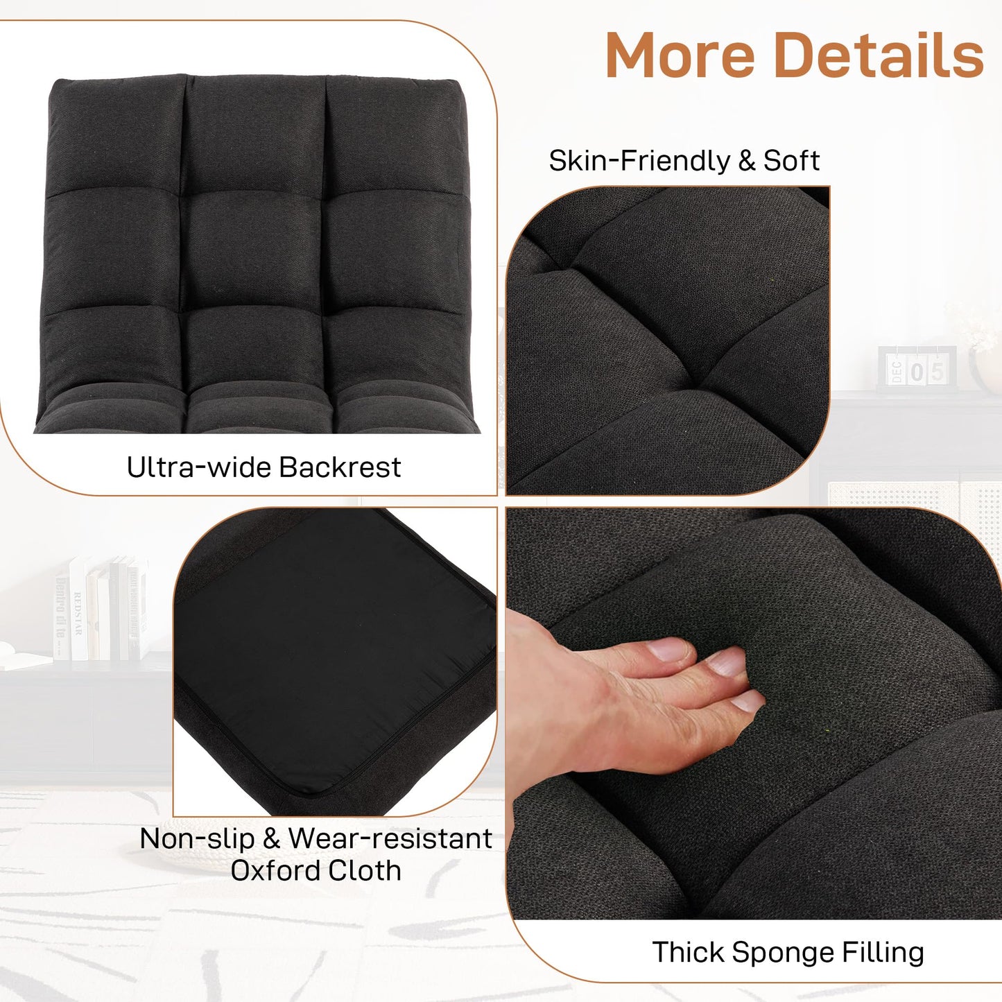 YI DANICA Floor Chair with Back Support Folding Chair with 6 Adjustable Position, Padded Sleeper Bed, Floor Gaming Chair, Meditation Chair, Gaming Floor Chairs for Adults (Country Rustic, Black)