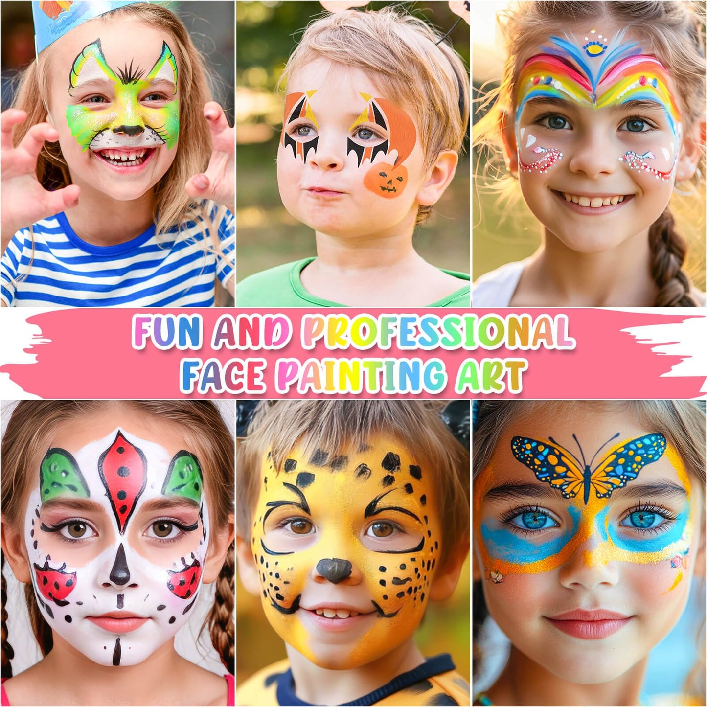 Professional Face Painting Kit, 26 Colors Oil Palette Face Paint with 6 Stencils, 41 Stencil Stickers, 10 Brushes, 9 Body Glitter, 2 Sheets Adhesive Gems, Rainbow Facepaint for Kids Party & Halloween