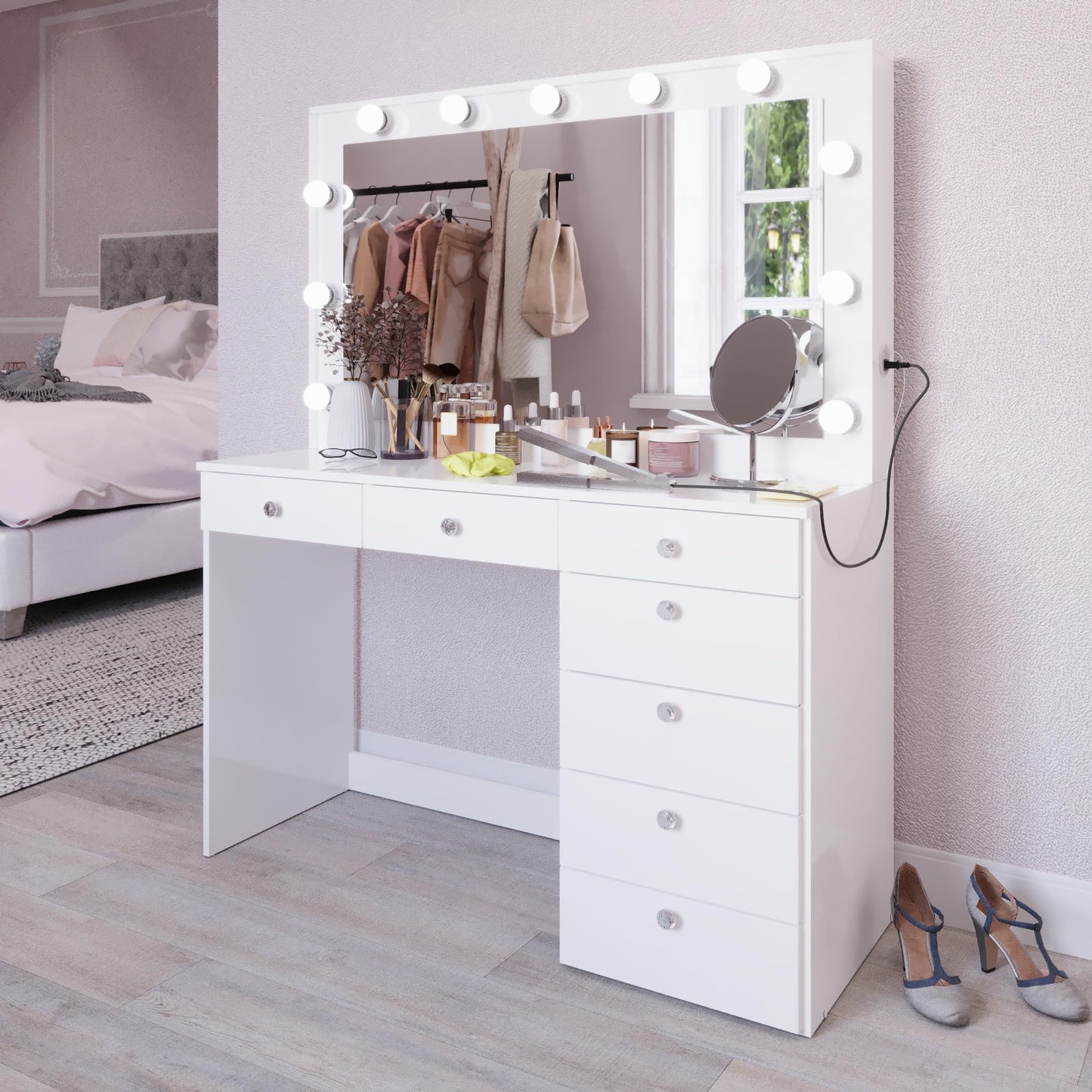 Boahaus Diana Premium White Makeup Vanity Desk with New Built-in Lights, 7 Drawers, USB Type-C & Type-A Ports, 110V Power Outlet, and Crystal Knobs – Upgraded Vanity Table for Bedroom