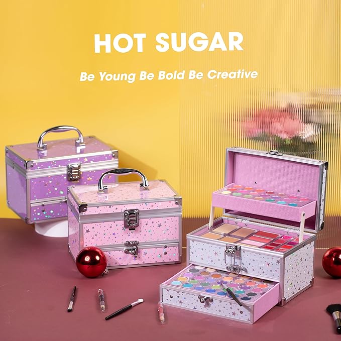 Hot Sugar Makeup Kit for Teens with Train Case, Portable Beginner Makeup Gift Set, Makeup Beauty Kit for Girls (Pink)