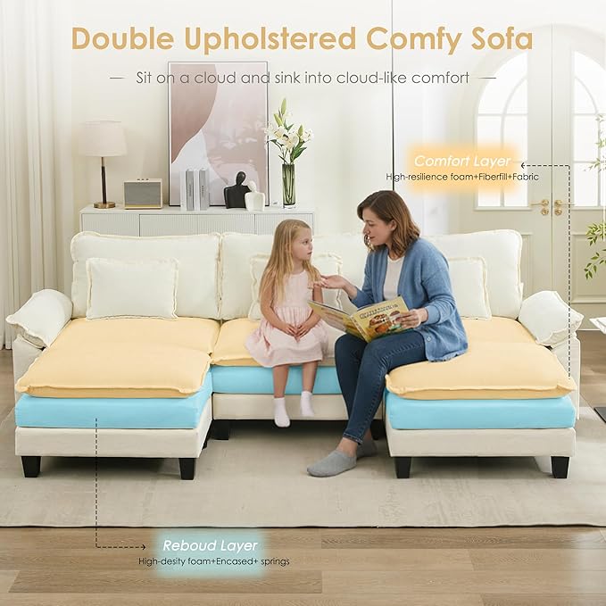 URRED Cloud Couch Modular Sectional Sofa, 122" Modern U Shaped Deep Seat Sofa with 2 Ottomans & Pillows, Ultra Comfy Chenille Couches for Living Room, Bedroom or Apartment, White | Chenille Fabric, Skin Friendly, Breathable, Ergonomic Design, Flexible ...