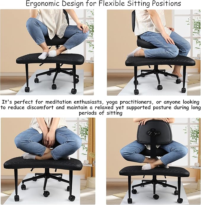Meditation Chair Cross Legged Chair with Wheels Criss Cross Chair ADHD Desk Chair for Adults with Back Support Wide Squatting Kneeling Chair Adjustable Height for Office, Home, Yoga (Black)