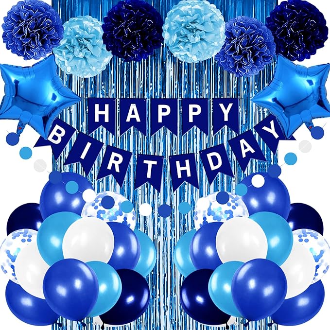 Iysoll Blue Birthday Party Decorations for Boys Men Happy Birthday Banner Balloons Navy Royal Light Blue Pom Poms Foil Cur...